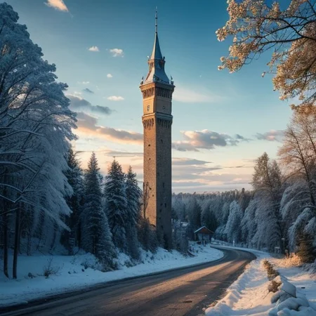 realistic analog photo, award winning photo, vary wide shot of stone witow tower:1.3, no humans, scenery, blue sky, Style-Winter, forest, dirt road, grassland, nature, outdoors, RAW, highres, 8k, uhd, High Dynamic Range, tonemapping, crisp details,