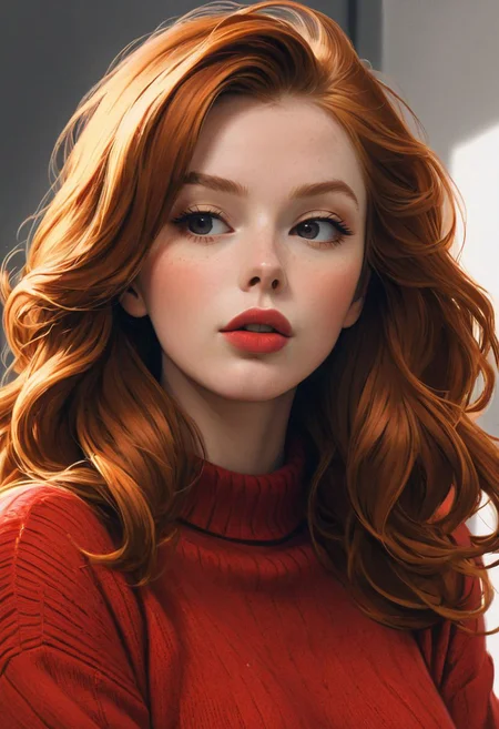 (1girl, solo, masterpiece, 8k, HDR,), ginger girl,
character concept art of a beautiful woman leaning over, red sweater falling off her shoulder, cleavage, extremely sexy, seductive, long hair, luscious lips, comic book art, rough colored sketch,
(small breasts, big hips, looking at the viewer),
(simple background, white background)