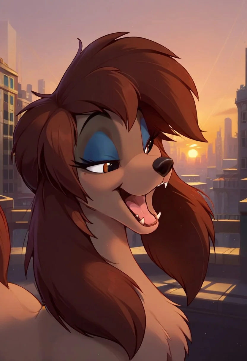 (aerozerorisk), score_9, score_8_up, score_7_up, front view, source_furry, source_cartoon, highly detailed macro illustration, intricate details, high resolution, sharp focus, best render quality, high res, explicit, (city, dock, harbor, sunset, detailed background), solo, BREAK 1girl, female, (rita_oliver, rita_saluki, feral, saluki, dog, canine female), beautiful, beautiful detailed eyes, brown gold eyes, blue eyeshadow, close-up on face, bust shot, my little pony the movie, (Expressiveh, seductive look, bedroom eyes, smile, mouth open, teeth, tongue out)