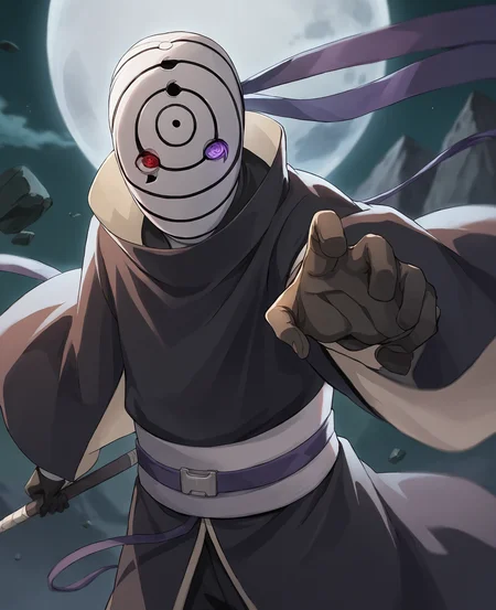 score_9,score_8_up,score_7_up,source_anime,rating_safe BREAK masterpiece,highres,best quality,high quality,dramatic angle,cinematic lighting,1boy,<lora:Obito_Pony_V2:1>,dim,night,moon,sharingan,glowing eyes,red eye,red eye,purple eye,white mask,Uchiha Obito \(White mask\),Uchiha Madara \(White mask\),black robe,black gloves,looking at viewer,sharingan,rinnegan,floating rocks,extremely detailed background,blurry background,mountains in distance,fan,fan \(weapon\),ribbon,portrait,close-up,holding,cowboy shot,holding weapon,heterochromia,white shirt,<lora:add-detail-xl:0.22>,<lora:flat_sdxl:-0.43>,extremely detailed eyes,sash,black pants,fighting stance,action pose,