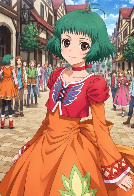 tales of (series) ,tales of eternia , farah oersted, detailed eyes, official art, game cg, realistic, <lora:toeFarah1.0:0.7>,
1girl, ahoge, brown eyes, choker, green hair, red choker, short hair,, back bow, bow, breasts, cropped jacket, dress, ,orange dress,
cowboy shot, outdoors, town, crowd, fantasy,
masterpiece, best quality, newest, absurdres,<lora:dmd2_sdxl_4step:1>,
BREAK, slight smile, pink lipstick,