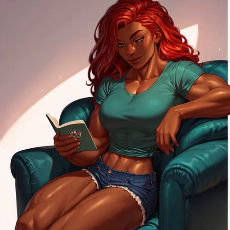 score_9, score_8_up, score_7_up, score_6_up, 1woman, solo, anvil, dark skinned african american woman, red hair, muscular woman, tall girl, sitting in large green armchair, reading a romance novel, slight smile, green t shirt, bare midriff, short shorts, hazel eyes