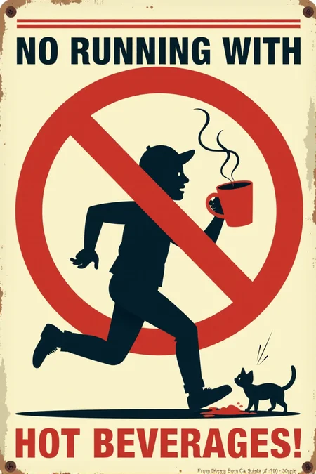 "Imagine a vintage prohibition-style safety sign. A bold red circle with a diagonal slash crosses over a cartoon figure running wildly with a full coffee mug. The sign reads in stark black lettering on a white background: 'NO RUNNING WITH HOT BEVERAGES!' Below, a small cartoon silhouette is shown tripping and spilling their coffee. The cartoon style should be reminiscent of early safety posters, with strong, graphic shapes, limited color (red, black, white, brown for the coffee), and a clear, universally understood message. Add a small detail like a surprised cat witnessing the spill. 8k resolution, vintage graphic cartoon style, direct and easily understood, emphasizing the danger of moving quickly with hot drinks."  <lora:REMEs_War_Poster_Style:0.95> In REME's War Poster Style,âââ