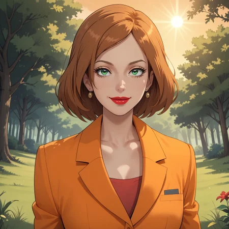 score_9, score_8, BREAK, light brown hair, green eyes, red lips, lipstick, earrings, orange suit, orange pants, orange slippers, breasts, Scarlet_(Sonic_X), sexy pose, self portrait, smile, outdoors, sunlight, shadows, evening lighting, natural lighting, forest, trees, grass, orange sky, sunset