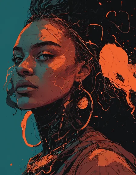 (style of El Huervo, Illustration:1.2), fflix-npt, neon lights, Abstract illustration, concept art, dark azure and orange colors, of a black woman, wearing (necklace:1.3), in the style of the blue period, with a blue and orange palette, dark background, texture, vector illustration, poster design, vintage poster style, flat colors, high contrast, high resolution, flat colors, pop art, InkSplash, style of Petros Afshar, Clyde Caldwell, max details, Sinozick Style