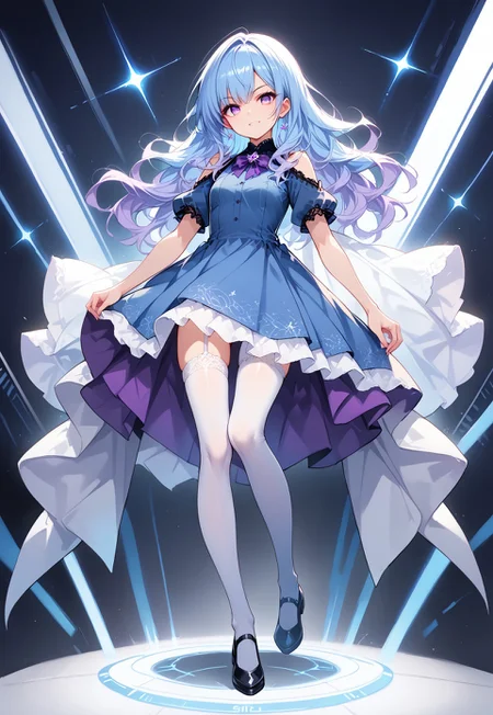 score_9, score_8_up, score_7_up, score_6_up, score_5_up, score_4_up, source_anime, full body art, solo, flat color, dark theme, 1girl, babblty, purple eye, long blue hair, wavy hair, blue to purple gradient, blue dress, dynamic pose, white tights, looking at viewer, MythAn1m3, cyberspace behind me, lots of holograms