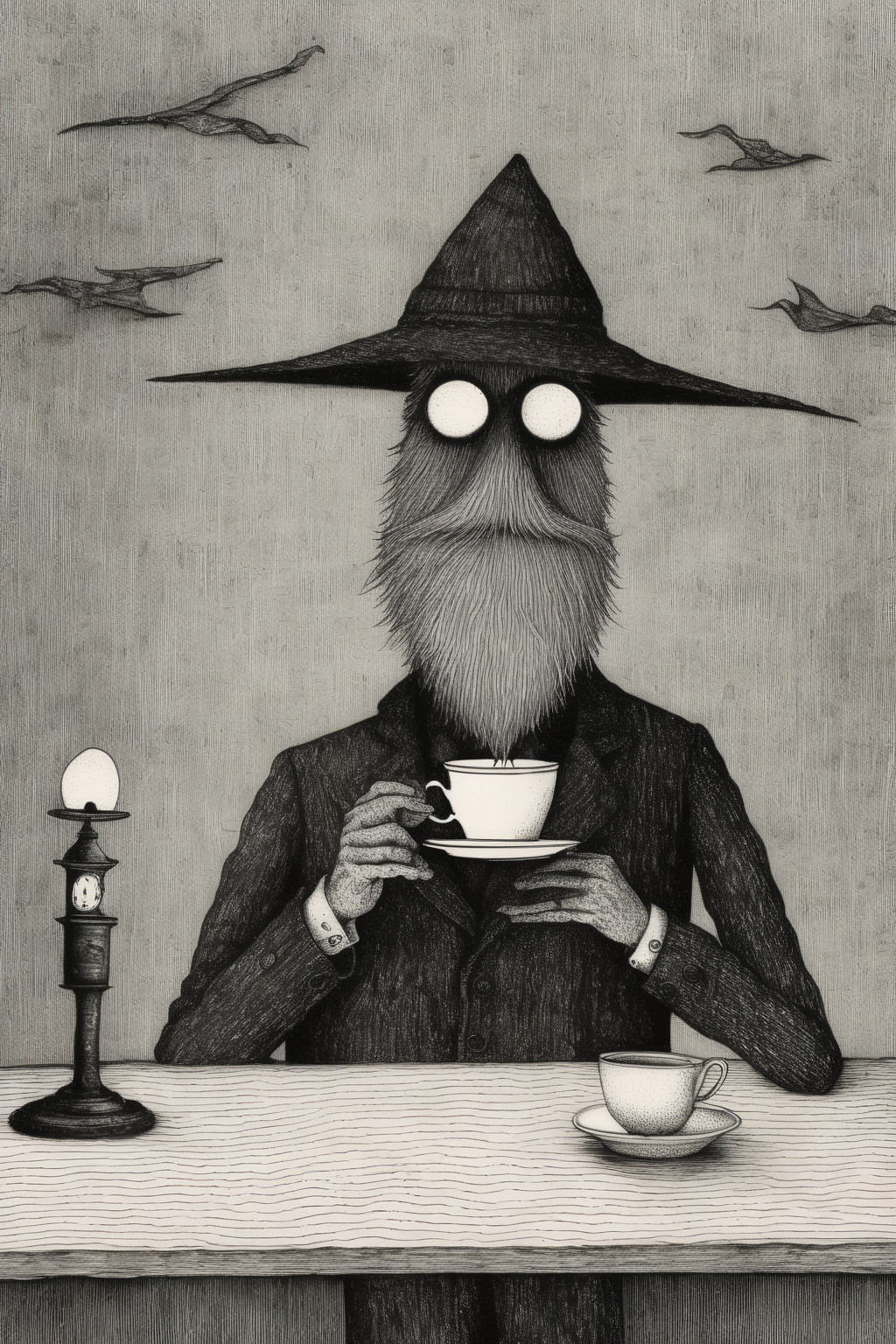 <lora:Edward Gorey Style:1>Edward Gorey Style - a suspicious looking man drinks a cup of coffee, pen and ink illustration