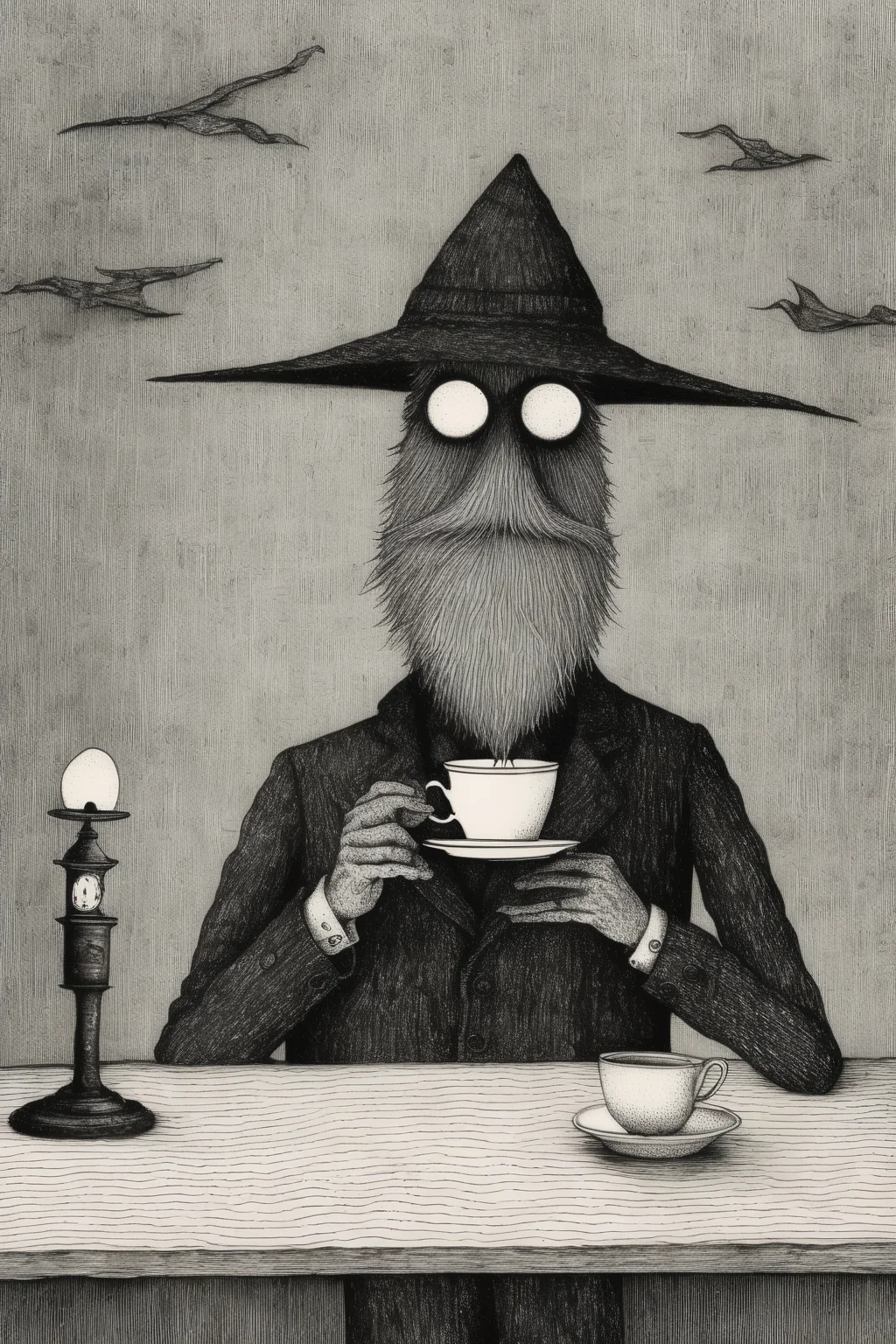 <lora:Edward Gorey Style:1>Edward Gorey Style - a suspicious looking man drinks a cup of coffee, pen and ink illustration