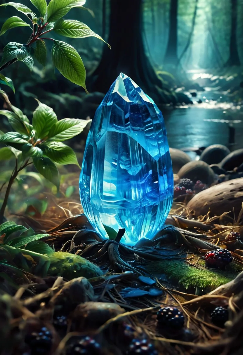 (8k analog nature photography:1.2), (a beautiful landscape:1.1) Extreme realism, Insanely realistic, with a river in the distance, shiny sapphire (crystal:1.2) berries ,<lora:Bio-Luminescence:1> bioluminescent, glowing, focus on the fruit. bioluminescent, glowing, detailed , detailed style, perfect, dvr-mthng-sdxl