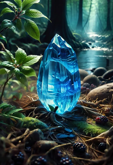 (8k analog nature photography:1.2), (a beautiful landscape:1.1) Extreme realism,  Insanely realistic, with a river in the distance, shiny sapphire (crystal:1.2) berries ,<lora:Bio-Luminescence:1> bioluminescent, glowing, focus on the fruit.  bioluminescent, glowing, detailed , detailed style, perfect, dvr-mthng-sdxl