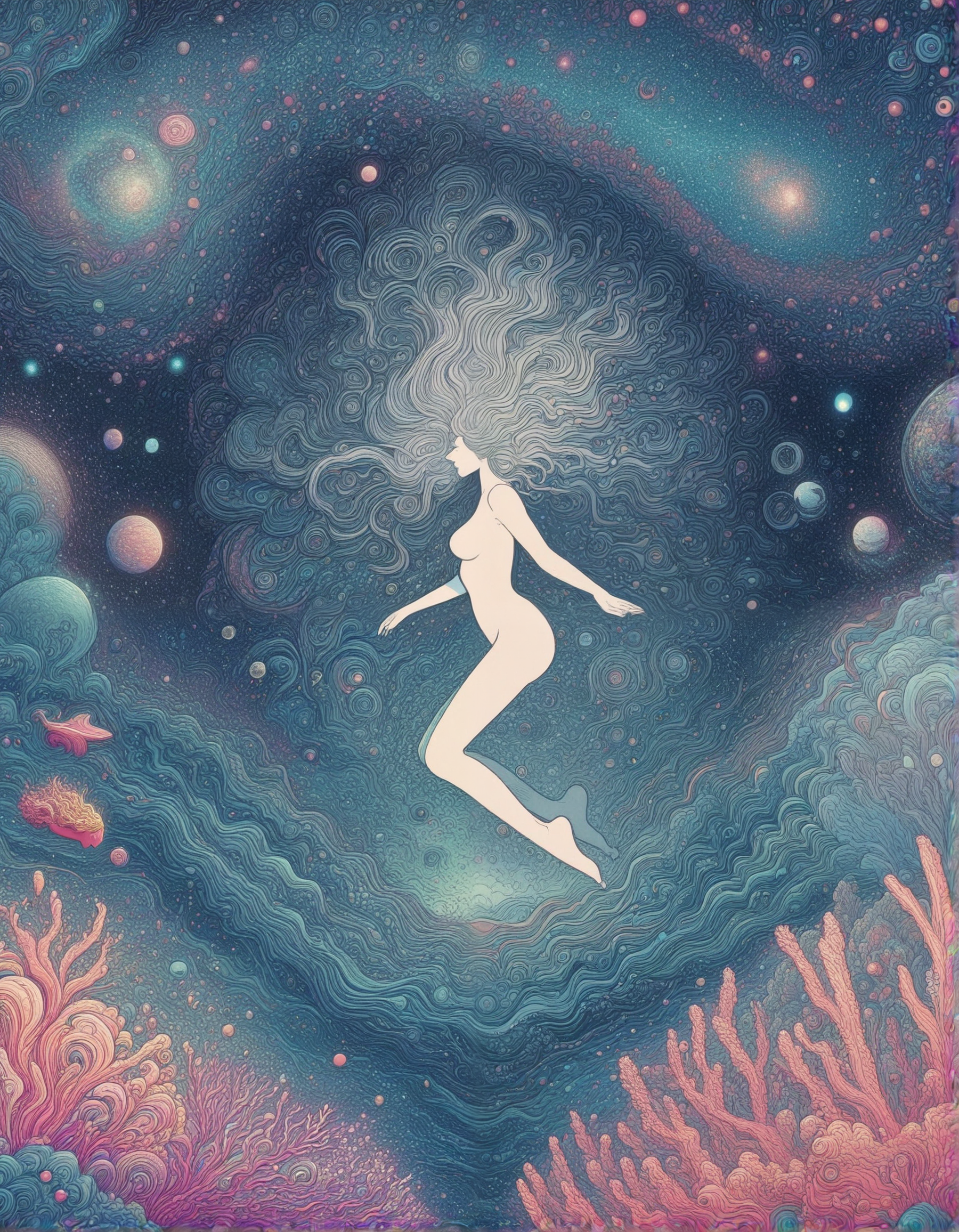 trippy, illustration, abstract, flat color, line art, 1girl, messy hair, pretty face, nude, perfect body, floating, coral reef, cosmic, vibrant