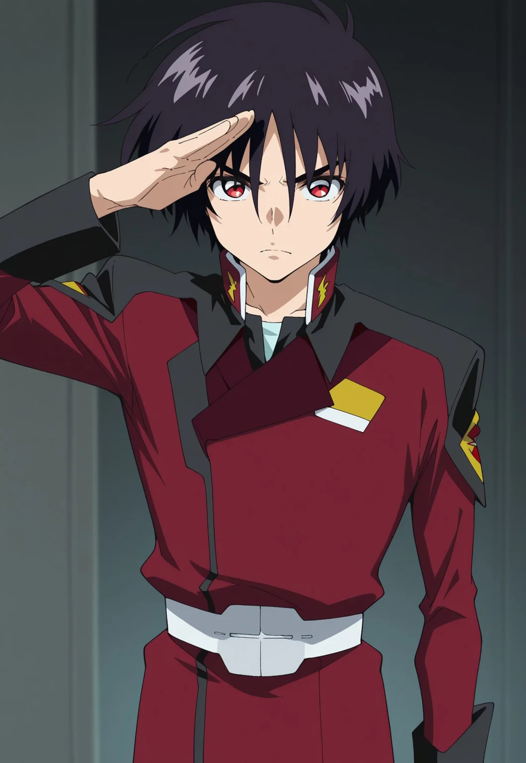 masterpiece,best quality,amazing quality, source_anime,
ShinnAsuka, 1boy, male focus, solo, red eyes, black hair, uniform, military, military uniform, jacket, red jacket, long sleeves, belt, white belt, pants, red pants, salute, serious,