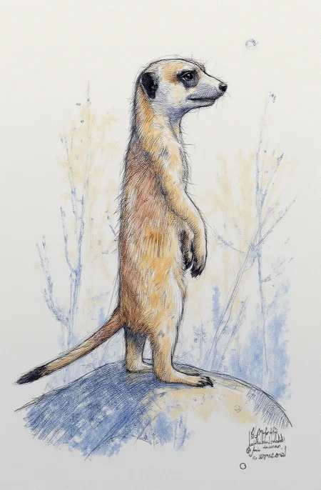 Sharp image of a rough sketch, rendered in vibrant multi colour ballpoint pen, capturing the adorable features of a portait of a meerkat standing on its hind legs on a rock. The animal is facing towards the right side of the image and appears to be looking off into the distance. It has a light brown fur coat with darker patches on its face and body. Its eyes are dark and alert, and its mouth is slightly open, as if it is about to speak. The background is blurred, but it seems to be an outdoor setting with trees and foliage. The rock is grey and has a rough texture.  p3nsk, <lora:p3nsk:1>