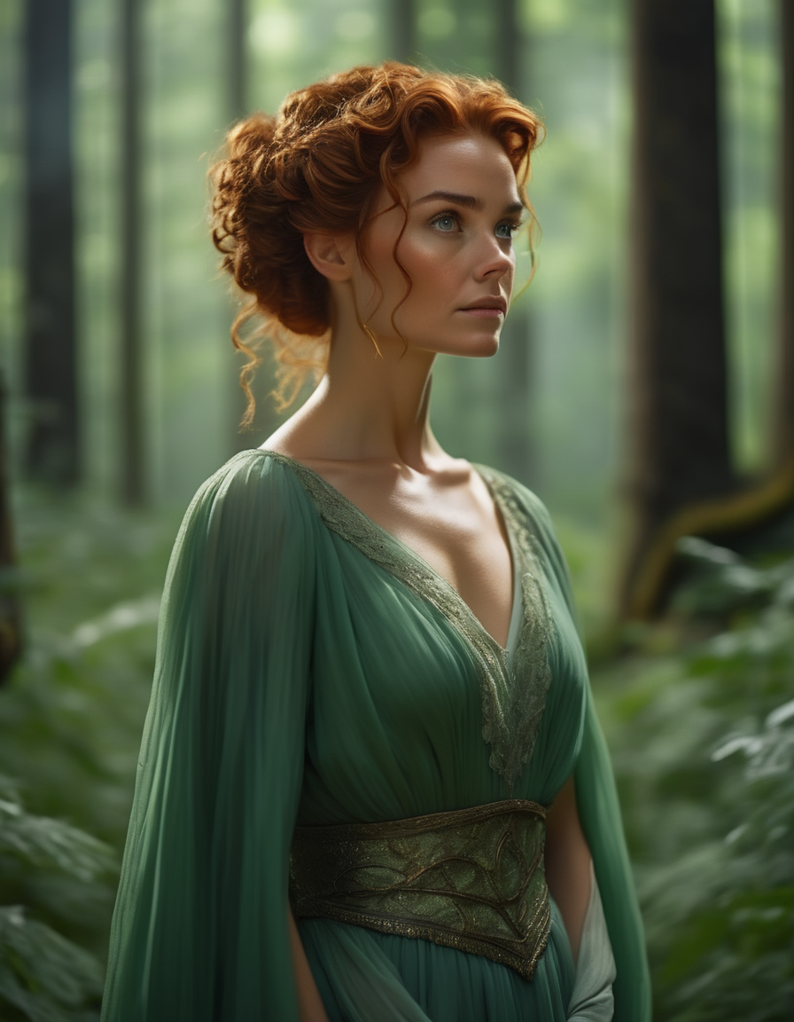 A portrait of a woman with curly, auburn hair pulled back into a loose bun, her green eyes filled with a quiet determination. Sheâs wearing a soft, flowing gown, standing in a forest clearing, the trees towering around her like silent guardians. <lora:usual-portrait-v2:1>