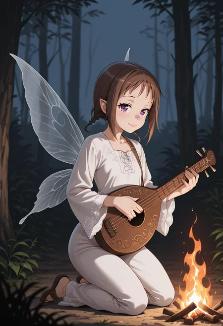 masterpiece,best quality, amazing quality, 8k resolution,tra1ner, (Masterpiece, best quality:1.4), insaneres, top quality, 8k resolution, (solo:1.2), digital illustration,night, forest, fire, fa1ry, fairy, fairy wings,looks at viewer, instrument, kneeling, white background,1girl, playing instrument, solo, lute (instrument), dress, pointy ears, pants, light smile, from side, wide sleeves, long sleeves, shirt, wings down, sidelocks, closed mouth, (intricate details, small details), beautiful, volumetric lighting, vibrant, vivid colors, extremely detailed, fantastic composition, amazing artwork, BREAK, atmosphere, high resolution, ultra-detailed, newest, scenery, depth of field, volumetric lighting,
HDR, 8K, high contrast, masterpiece, best quality, amazing quality, very aesthetic, high resolution, ultra-detailed, absurdres, (best quality:1.1), muted color, realistic, depth of field,
brown hair, twin braids, purple eyes, short stack, wakana_misato <lora:misato_wakana:0.85> <lora:PIXIE_HOLLOW:0.45>