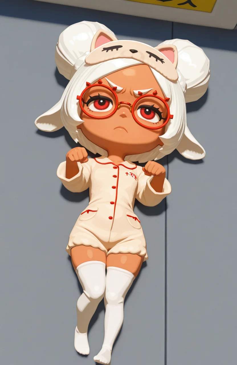 <lora:anatomy_helper:0.8> 1girl, solo, gas station, full body, upset, angry, frown,,Lying down Paw Pose, 3d,
<lora:LilPurah-IL:0.8> prhmini, red eyes, red-framed eyewear, red-framed eyewear, dark-skinned female, white hair, double bun, chibi, animal pajamas, floppy ears, white thighhighs, zip-up front, sleep mask, extremely detailed, highres, masterpiece, best quality
