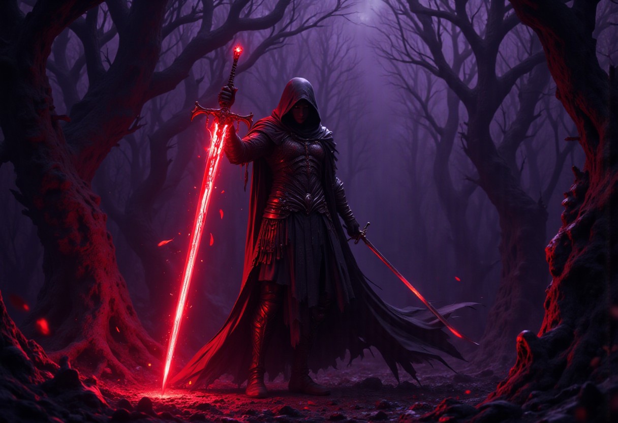 A dramatic and atmospheric dark fantasy artwork featuring a hooded figure in a tattered black cloak standing in a shadowy forest, gripping a glowing red sword that pierces the ground. The figure exudes an aura of menace and mystery, with their face obscured by a deep hood, leaving only shadows visible. The sword is the focal point, emanating an intense, fiery red glow that illuminates the surrounding dark terrain and reflects off the figureâs metallic armor pieces hidden beneath the cloak.
The forest setting is dense and eerie, with twisted, leafless trees that loom over the scene, their branches clawing at the dark purple sky. Scattered crimson leaves are caught in the air, adding movement and a sense of foreboding.
The lighting is low and moody, with the glowing red sword casting dramatic highlights and shadows across the figure and the forest.
The overall tone is dark and intense, evoking themes of power, doom, and an impending confrontation. The composition emphasizes the lone figure and the sword, creating a hauntingly beautiful yet ominous scene with a cinematic and highly detailed aesthetic.
<lora:CPA:0.5> <lora:FLUX-daubrez-DB4RZ-v2:0.3> <lora:ck-shadow-circuit:0.35> in the style of cksc, <lora:Ethereal Brush Anime v2.0:0.3> <lora:It's a LoRA for portraits, BUT! actually specialized in backgrounds. v1.0:0.15> <lora:Dark_and_sentimental:0.8>  <lora:flux.1_lora_flyway_Epic-detail_v2:0.8>