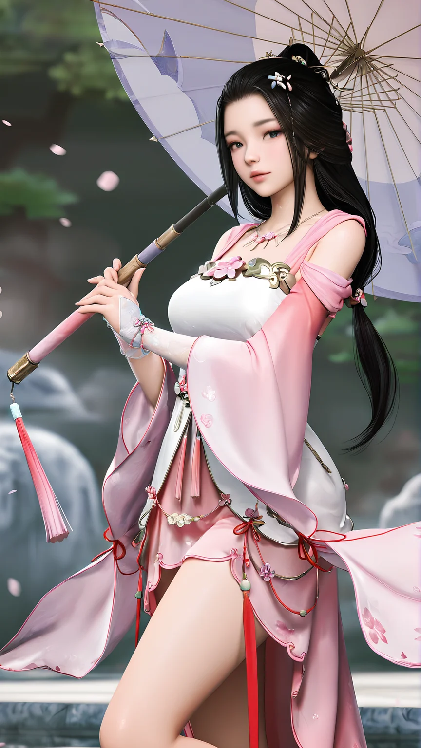 amazing quality,absurdres,best quality,masterpiece,highres,newest,detailed,detailed body,detailed face,masterpiece,best quality,solo,
fangziyingxiu,1girl,umbrella,solo,long hair,jewelry,black hair,dress,low-tied long hair,hair ornament,3d,realistic,breasts,<lora:è³å§¿çè¢:0.8>,
