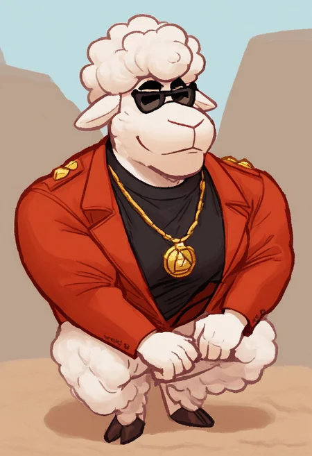 score_9, score_8_up, score_7_up, masterpiece, best quality, 4k, 2k, detailed, 2d, Lang (Rock Dog), Sheep, White Sheep, White fur, White hair, Black sunglasses, Red Jacket, Black shirt, necklace, Dressed, Anthro, Beach Background, muscular, Bara, Furry, Furry Bara, barazoku, Full Body, only, alone, 1 guy, solo, color, seductive expression, wolfconf, zPDXL3, unaestheticXL_cbp62, deep_negative_pony
