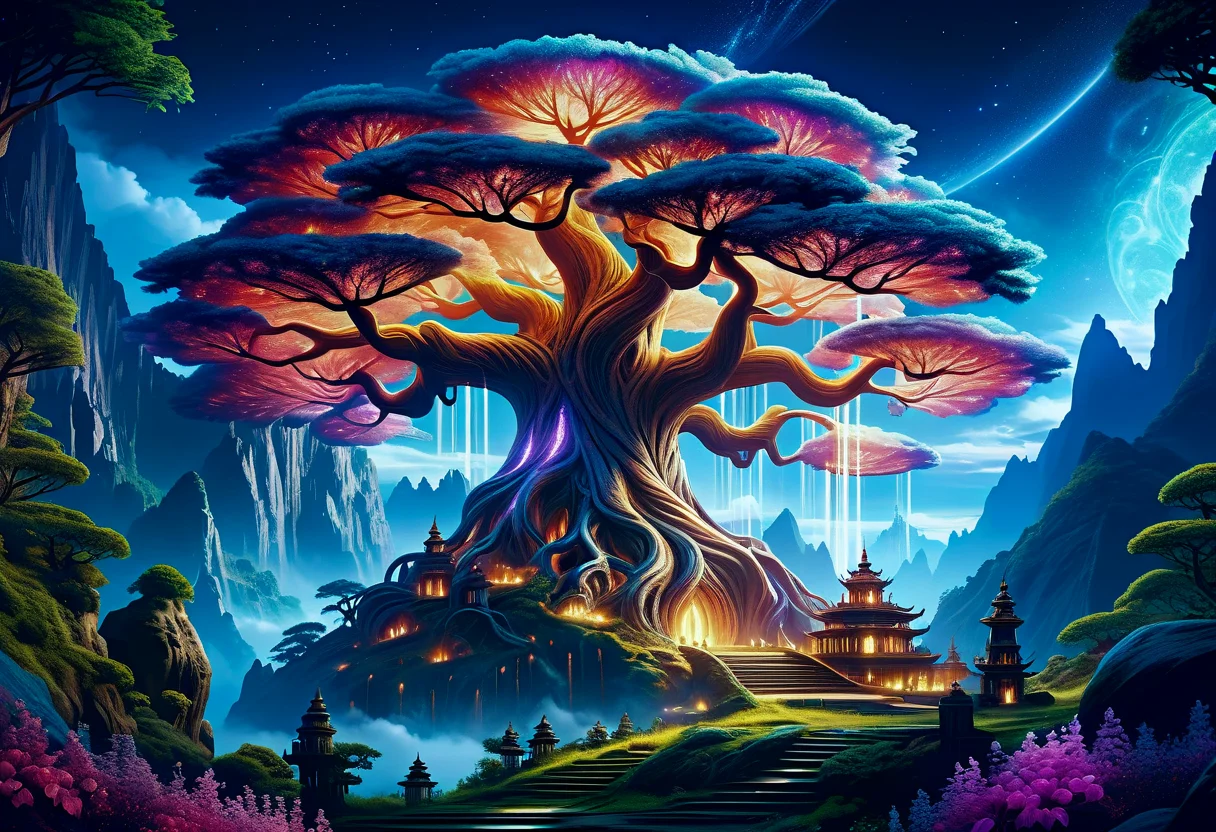 hyper detailed masterpiece, dynamic, awesome quality,DonM3t3rn1tyXL Create an image of a magical mountain with the enormous ancient Worldtree. Its should be dim and mystical, possibly glowing with an otherworldly bioluminescent light. Its pose is majestic and regal, exuding a sense of magical power and grace. Set the in an enchanting ethereal light and mystical flora surrounding it <lora:DonM3t3rn1tyXL-000008:0.6> <lora:add-detail-xl:2.0>