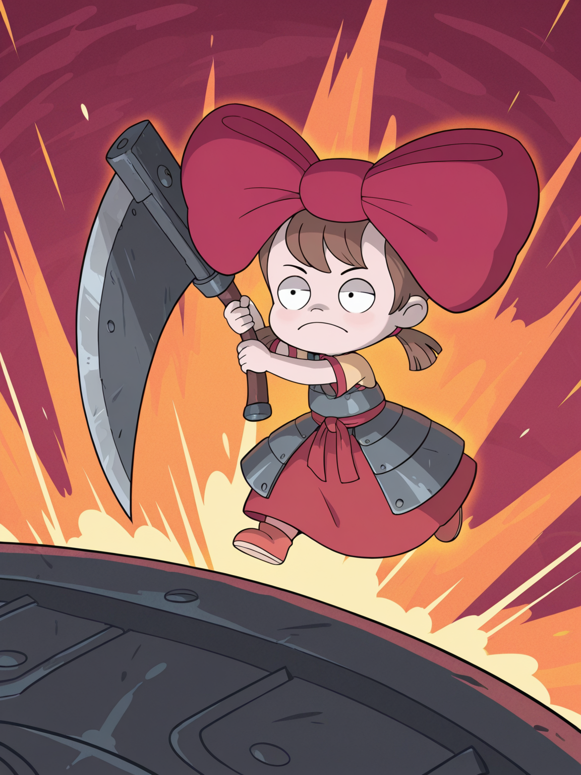 <lora:The_BowIL:0.6> t_b, 1girl, black eyes, pale skin, light brown hair, pigtails hair, fringe, circular eyes, huge bow on head,
gigantic sword, steel armor,glowing liens, action, full body, glowing background