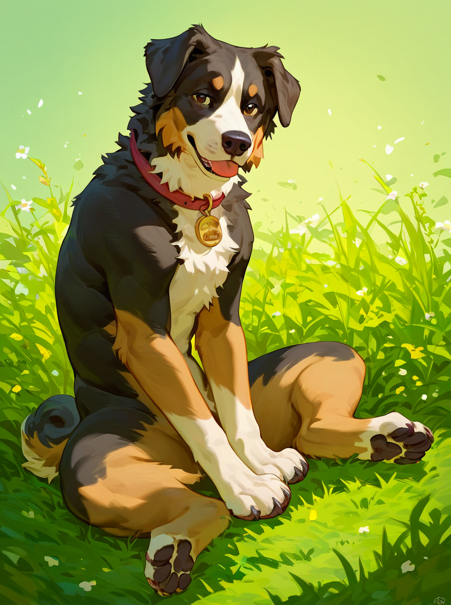 score_9, score_8_up, score_7_up, PDXL,  <lora:Bernese_0010:1>, ((animal, dog)), bernese mountain dog, sitting on grass, viewed from front