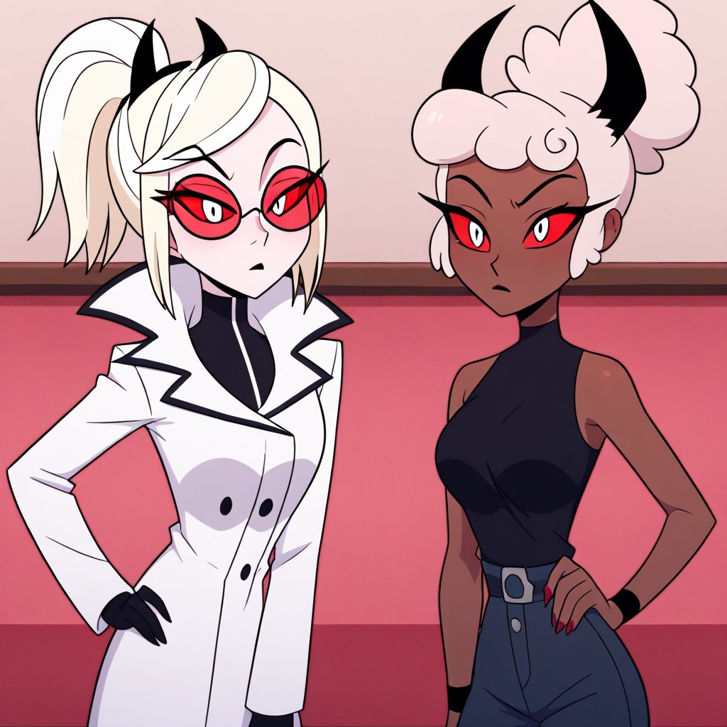 masterpiece, best quality, newest, absurdres, highres, anime, anime style, 2girls, HHOVP-Carmines-CLC+ODC.V1.0, multiple girls, 2girls, HHOVP-ODC.V1.0, HHOVP-CLC.V1.0
HHOVP-ODC.V1.0, blonde hair, white skin, red-tinted eyewear, glasses, red sclera, red-tinnted  colored sclera, white eyes, high ponytail, red glasses, hairband, hairband with horns, tied hair,
BREAK 
HHOVP-CLC.V1.0, dark skin, dark-skinned female, hairband, hairband with horns, tied hair, white hair, red sclera, colored sclera, white eyes,
