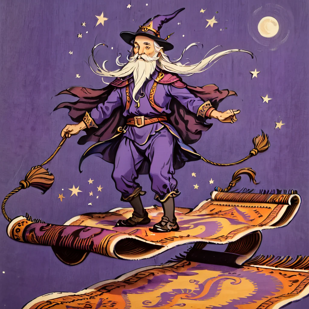wizard with long beard on a magic carpet, <lora:Childrens_book_illustration_by_Genrih_Valk:0.8> Genrih Valk illustration