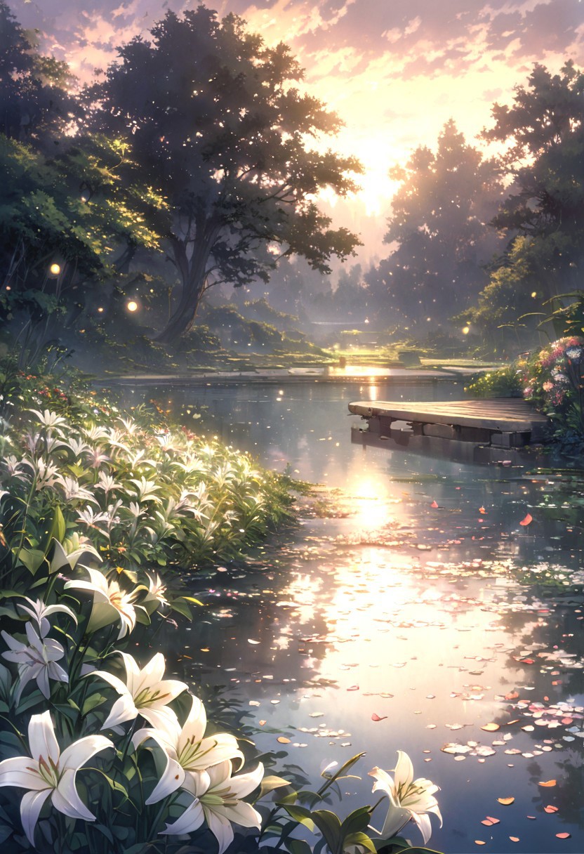 detailed background,( Calm spring night landscape), amongst lush greenery, beautiful view, lily flower in full bloom, lily flower, early morning, sunrise sky, beautiful clouds, dappled sunlight, beautiful, Tranquil Lake, Walkway, petals dancing in the wind, depth of field, masterpiece, best quality, ultra-detailed, very aesthetic, illustration, perfect composition, intricate details, absurdres, moody lighting, wisps of light, no humans,