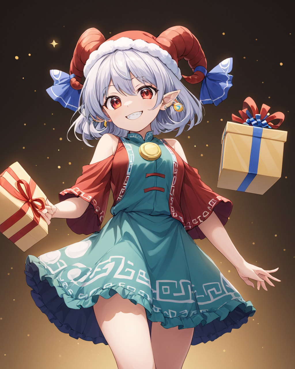 toutetsu yuuma,1girl, sharp_teeth, red_horns, gift_box, sheep_horns, santa_hat, santa_costume, solo, earrings, dress, grin, christmas, red_sleeves, horn_ribbon
<lora:toutetsu_yuuma_image1106_2023-12-20-000014:1>,star-shaped_pupils,symbol-shaped_pupils,. gorgeous,key visual, vibrant, studio anime,award-winning, professional, highly detailed,high budget, cinemascope