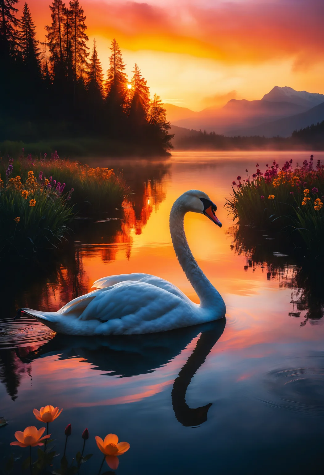 Vibrant sunset over a serene lake with misty mountains in the background. A majestic swan glides effortlessly across the calm water, its feathers glistening like polished jewels as it leaves behind a trail of ripples and reflections. The sky is painted with hues of fiery orange, warm yellows, and soft pinks, gradually transitioning into a deep blue towards the horizon. In the foreground, lush greenery and wildflowers sway gently in the breeze, adding pops of color to the scene. The atmosphere is peaceful, inviting, and full of life., 2000s vintage RAW photo, photorealistic, film grain, candid camera, color graded cinematic, eye catchlights, atmospheric lighting, imperfections, natural, shallow dof, High level of detail to create a photographic-like image, focusing on lighting, realistic textures, hyperdetailed.