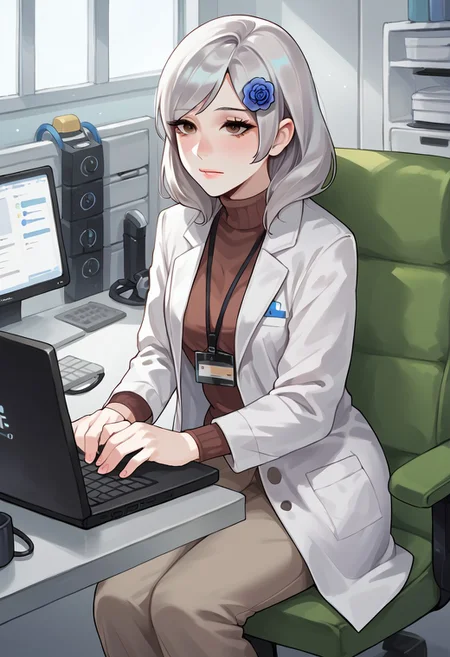 score_9_up, score_8_up, score_7_up, indoors, office, laboratory, source_anime, BREAK
sunnyMGR, silver hair, brown eyes, solo, hair flower, lab coat, scientist, looking at computer screen, sitting, laboratory, typing on laptop, focused