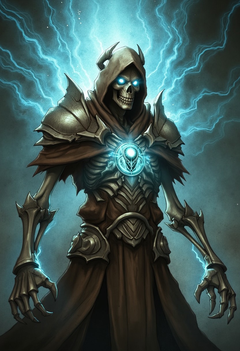 image in a sepia-toned, digital drawing with a dark, gritty, and dramatic D3CSPS-V1.0 style that features A spectral and eerie figure dominates the image, shrouded in an ethereal aura of icy blues and luminous light. This skeletal sorcerer exudes an otherworldly presence, its form wrapped in tattered robes that ripple and dissolve into mist as though consumed by an eternal frost. The armor beneath the decayed fabric glimmers with a metallic sheen, its surface adorned with intricate patterns of arcane design. The centerpiece is a glowing amulet embedded in the chest, radiating a cold, bluish energy that pulses outward, casting shifting light across the surrounding haze. The skull of the figure is crowned with a jagged, ceremonial headpiece that appears ancient, its sharp edges illuminated by a spectral glow. The empty eye sockets blaze with an intense, piercing light, as if harboring the icy flames of undeath. Strands of energy coil around its bony hands, hinting at the destructive magic it commands. Each bone is finely detailed, with cracks and engravings suggesting the weight of time and dark enchantments. The background is a swirling abyss of frosty winds and glowing particles, rendered in deep, celestial blues that evoke a void-like expanse.