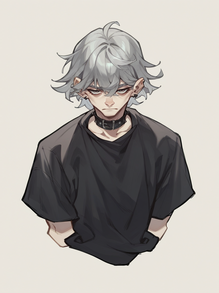 score_9, score_8_up, score_7_up, score_6_up, score_5_up,  <lora:jabro_64XLP:1> jabro_64, bangs, black shirt, solo, grey hair