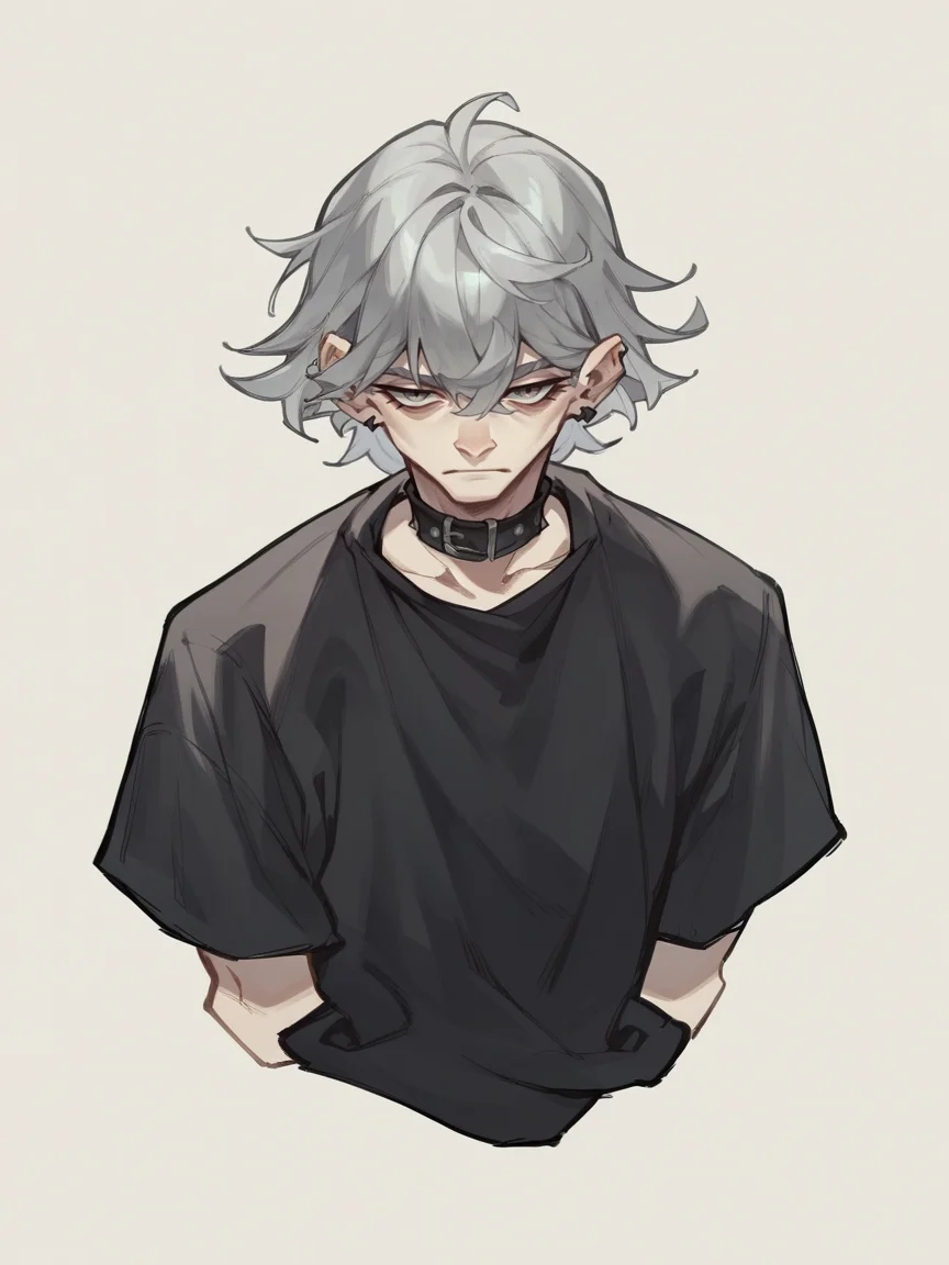 score_9, score_8_up, score_7_up, score_6_up, score_5_up, <lora:jabro_64XLP:1> jabro_64, bangs, black shirt, solo, grey hair