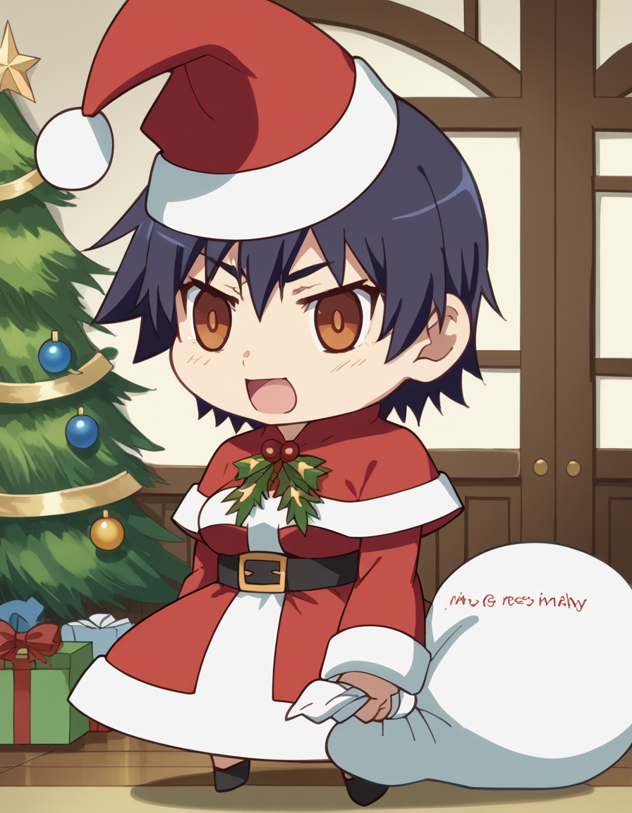 score_9, score_8_up, score_7_up, source_anime, <lora:suruga-kanbaru-offmonster-ponyxl-lora-nochekaiser:1>, suruga kanbaru, kanbaru suruga, short hair, black hair, brown eyes, medium breasts, anime screencap, <lora:padoru-ponyxl-lora-nochekaiser:1>, padoru, padoru (meme), holding sack, sack, santa hat, meme, christmas, open mouth, chibi, red capelet, santa dress, capelet, fur-trimmed headwear,, , dutch angle, cowboy shot