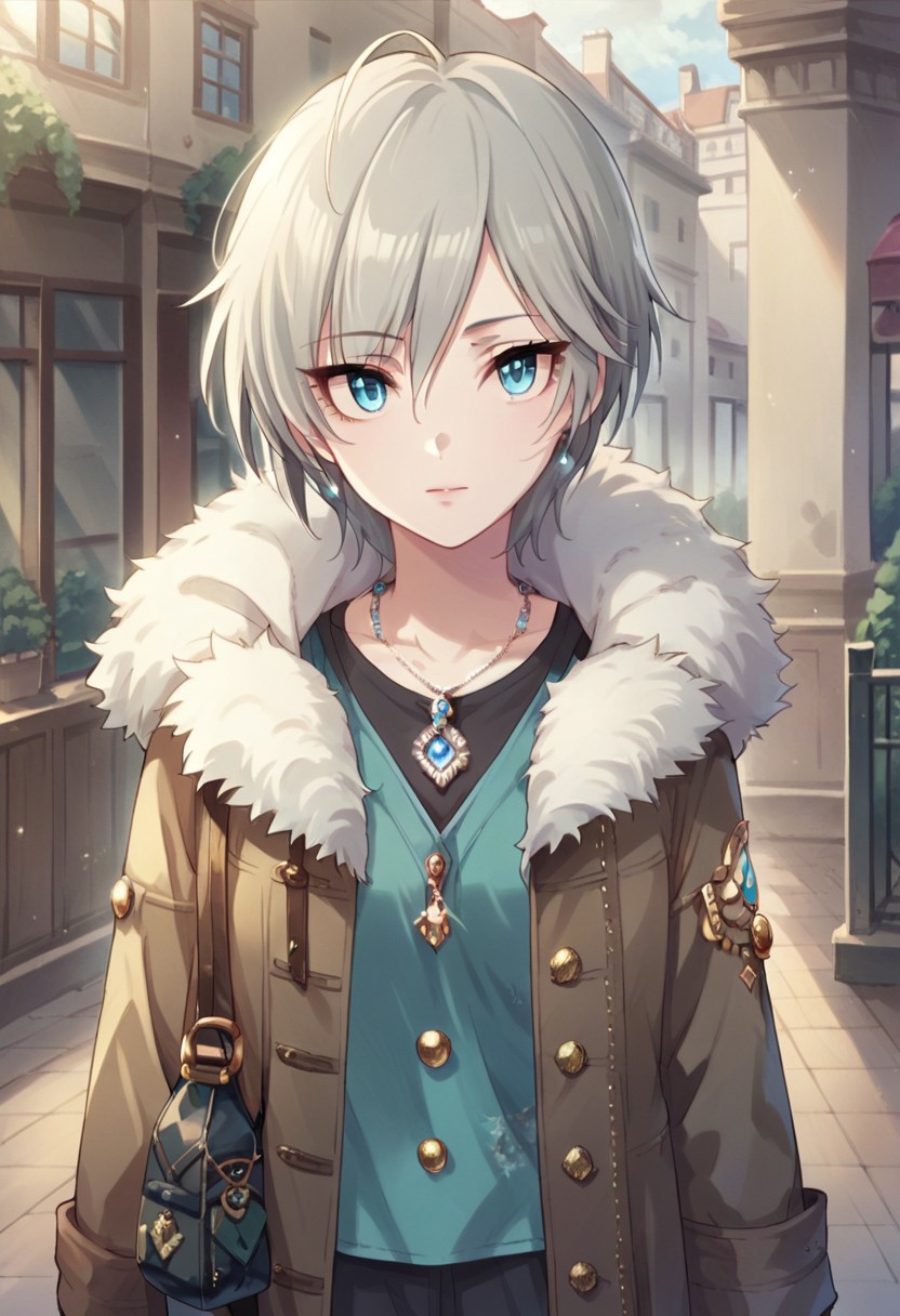 score_9, score_8_up, score_7_up, source_anime,anastasia, short hair, grey hair, blue eyes, 1girl, solo, jewelry, necklace, coat, looking at viewer, fur trim, bag, :o, upper body