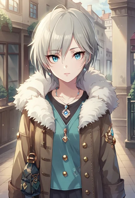 score_9, score_8_up, score_7_up, source_anime,anastasia, short hair, grey hair, blue eyes, 1girl, solo, jewelry, necklace, coat, looking at viewer, fur trim, bag, :o, upper body