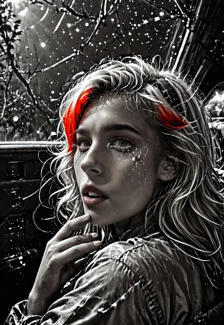 score_9, score_8_up, score_7_up, Realistic, cinematic shot, selective color, monochrome background, 4k, Gadget, side view,

(((Girl in an alien forest, correct hand anatomy, shocked, crying, tears,  on her knees, mouth open, gasping, looking over her shoulder, strained face,  dramatic angle, rear view, view from back, looking back, looking at viewer))), 

blonde, grayscale with red highlights, 18yo, smile, perfect face, stunning, breathtaking face, detailed face, perfect teeth, expressive eyes, extremely cute, medium boobs, round stomach, easynegative, ALRGFC, alluring face, sexy, hetero, flushed, red top of cheek,

Work clothes, space mechanic outfit,

Detailed background, alien jungle, alien flowers, alien fauna, lianas, impossible trees, two moons, 

pdcUitCU5_, highres, absurdres, in focus, sharp focus, negative_hand

Stable_Yogis_PDXL_Positives, CyberRealisticPony_POSV1, 
