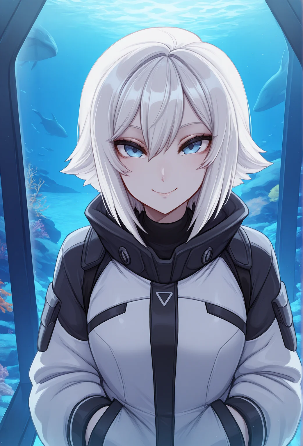 (masterpiece, best quality, very aesthetic, absurdres:1.2), 1girl, science fiction, aquarium, pale skin, white hair, straight-on, jacket, looking at viewer, smile, <lora:merunyaa_style_illustrious_v1:1> mnyastyle