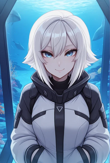 (masterpiece, best quality, very aesthetic, absurdres:1.2), 1girl, science fiction, aquarium, pale skin, white hair, straight-on, jacket, looking at viewer, smile, <lora:merunyaa_style_illustrious_v1:1> mnyastyle