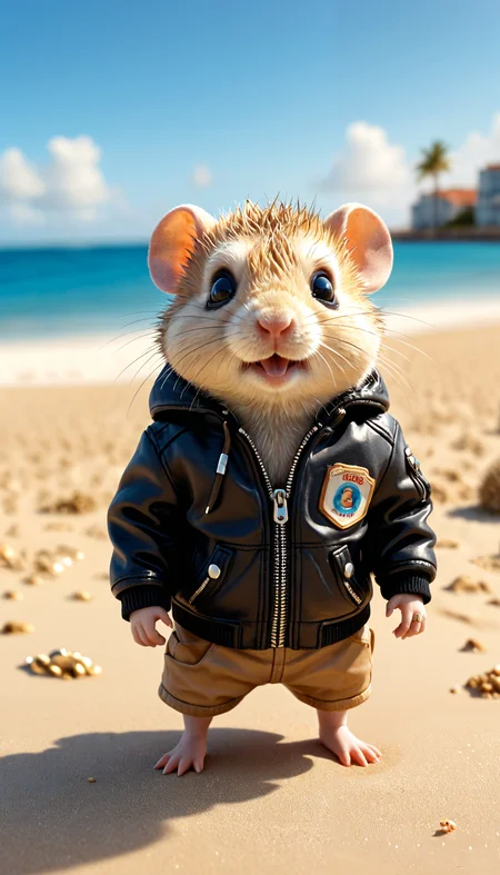 Positiv Clip L
The adorable, highly detailed,
hyper realistic, photo captures, beach, a cute hamster, leather jacket
Positive Clip G
The adorable, highly detailed,
hyper realistic, photo captures, beach, a tiny hamster wearing a snug leather jacket, exuding undeniable charm. With a gentle smile and a slight tilt of its head
---------