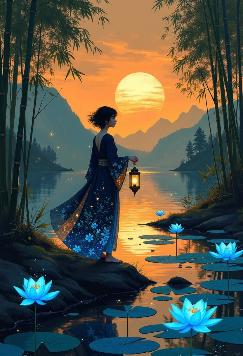A serene scene unfolds in a mystical lakeside setting, where a woman stands gracefully on a rocky edge surrounded by a dense grove of bamboo. Her silhouette is strikingly elegant, defined by the soft, golden light of a vast sun that hangs low in the sky, casting a warm, sepia-toned glow over the entire landscape. Messy short black hair. Her attire is traditional yet timeless'a dark, flowing robe that billows slightly in the breeze, revealing intricate, glimmering patterns of bioluminescent flora that seem to glow softly with an ethereal, blue light.
She holds a magical lantern with fireflies inside. Her expression is one of lost and uncertain. The surrounding bamboo sways gently, the dark green stalks juxtaposed against the vivid oranges and yellows of the setting sun.
DB4RZ style painting, apoca1 illustration,
Floating blue lotus flowers glow with a cold otherworldly light, their petals radiating soft, violet hues that contrast beautifully with the warm tones of the sky. The water before her reflects the celestial glow, creating a shimmering pathway of light that leads into the distance where misty, dark mountains loom. The air is filled with tiny, glowing specks, reminiscent of fireflies, dancing around the scene and adding to the enchanting atmosphere.
dreamlike quality, with the combination of warm sepia, deep shadows, and bioluminescent blues creating an otherworldly balance. The scene feels fantasy, a quiet moment caught between day and night,