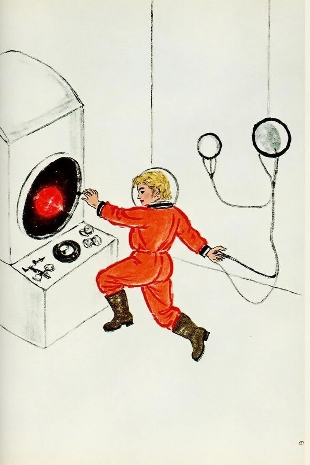 qbs1 minimalist ink wash painting.
Overhead sideview of a blonde woman dressed in a orange spacesuit and heavy boots, is carefully re-enacting the iconic scene from 2001: A Space Odyssey where David Bowman deactivates HAL 9000. Floating weightless on one side of a vast empty spacecraft, she methodically removes the components of the HAL 9000 interface, one piece at a time. The setting is tense and sterile, with bright lighting reflecting off the white sterile surfaces, capturing the eerie, unsettling atmosphere of the original scene. The red glow of HAL's eye slowly fades as the scene unfolds, highlighting the dramatic tension between human and machine <lora:qbs1_cap_d6a3e12:1.0><lora:818449217317151702:0>