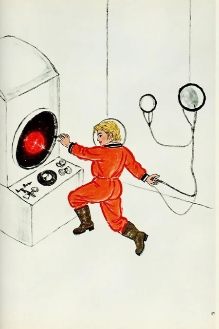 qbs1 minimalist ink wash painting.
Overhead sideview of a blonde woman dressed in a orange spacesuit and heavy boots, is carefully re-enacting the iconic scene from 2001: A Space Odyssey where David Bowman deactivates HAL 9000. Floating weightless on one side of a vast empty spacecraft, she methodically removes the components of the HAL 9000 interface, one piece at a time. The setting is tense and sterile, with bright lighting reflecting off the white sterile surfaces, capturing the eerie, unsettling atmosphere of the original scene. The red glow of HAL's eye slowly fades as the scene unfolds, highlighting the dramatic tension between human and machine <lora:qbs1_cap_d6a3e12:1.0><lora:818449217317151702:0>