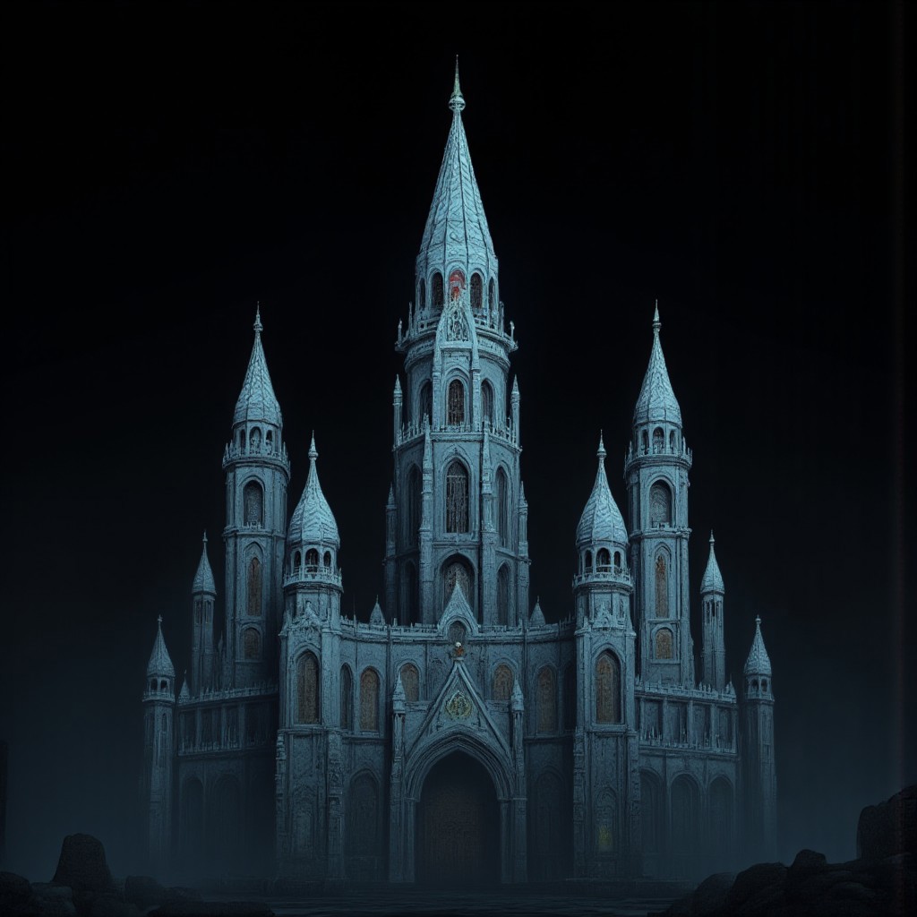 A Medieval castle with elderscrolls inspired aestetics and legend of zelda
Set against a solid dark black color background to emphasize its unsettling unnatural form that emphasizes its silhouette. The medium is not a traditional painting or illustrative medium like watercolor or ink but rather a digital 3D rendering.
MikeFranchinastyle, d4artstyle, d4concept, , bbstyle,, horror theme,, zbrush, ZBClay model of a gray sculpture, 1990's, 1990's style