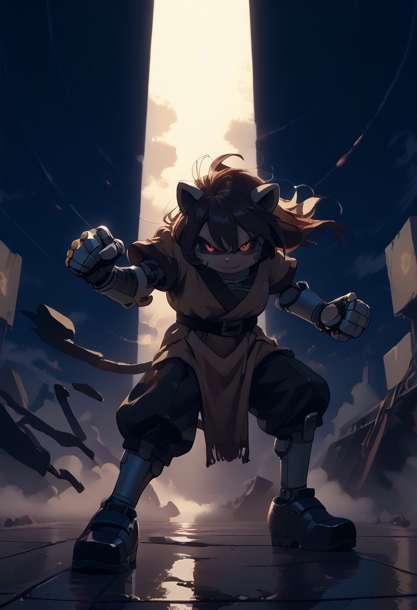 score_9, score_8_up, score_7_up, (best quality:1.1), ultra-detailed, high resolution, 8K, Metal Raccoon, robot, brown beige metal skin, black sclera, red pupils, pointy metal nose, gray claws, smirking, green core, black shoes, fist, battle stance, arms at sides, floating, factory, fluffy raccoon tail, BREAK outside, Rich, Detailed background, ambient light
