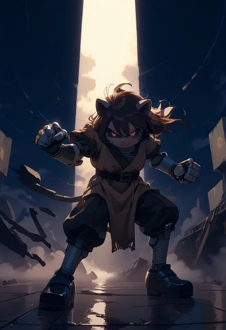 score_9, score_8_up, score_7_up, (best quality:1.1), ultra-detailed, high resolution, 8K, Metal Raccoon, robot, brown beige metal skin, black sclera, red pupils, pointy metal nose, gray claws, smirking, green core, black shoes, fist, battle stance, arms at sides, floating, factory, fluffy raccoon tail, BREAK outside, Rich, Detailed background, ambient light