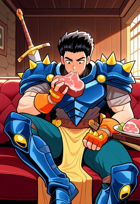 masterpiece, best quality, amazing quality, very aesthetic, absurdres, newest, 1boy, dionffl3, black hair, muscular, spiked pauldrons, blue armor, dark gray shirt, orange fingerless gloves, sheathed sword, yellow loincloth, belt, teal pants, blue greaves, sitting down, eating meat, indoors