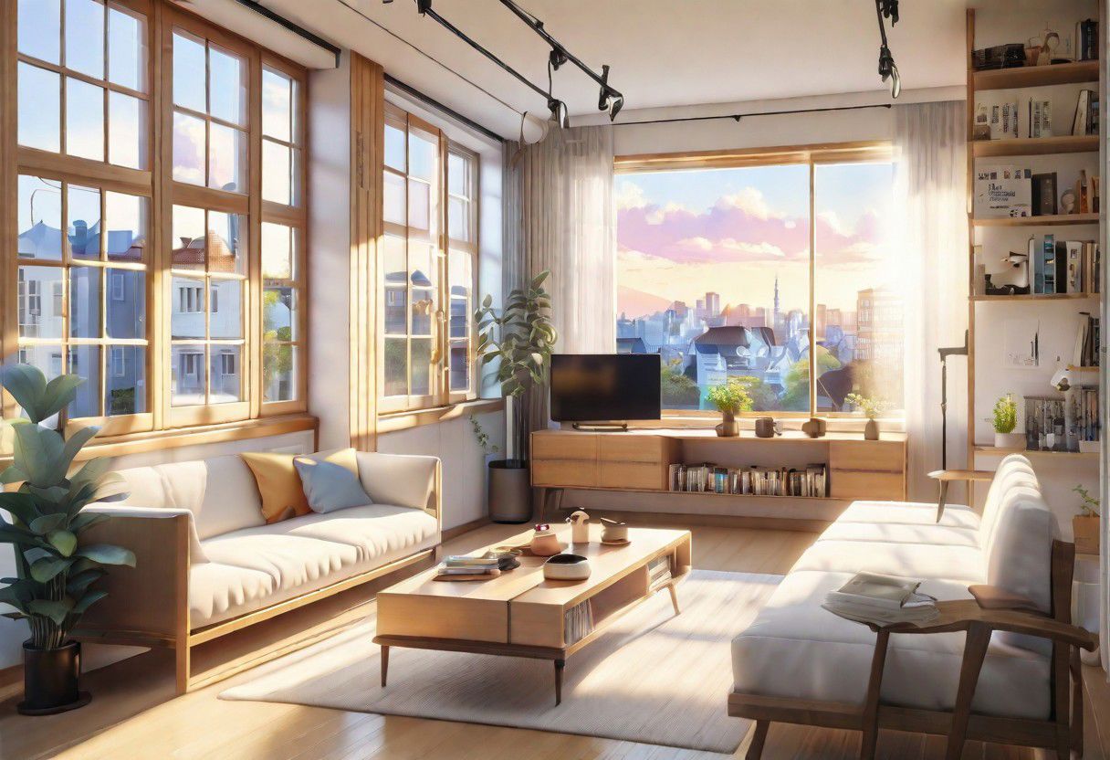 anime-style, modern-style interior, with white walls and large windows, Nordic-style furniture, a  study, Sofa, coffee table, bookcase, single wall, 
warm light morning sun, the view of the city